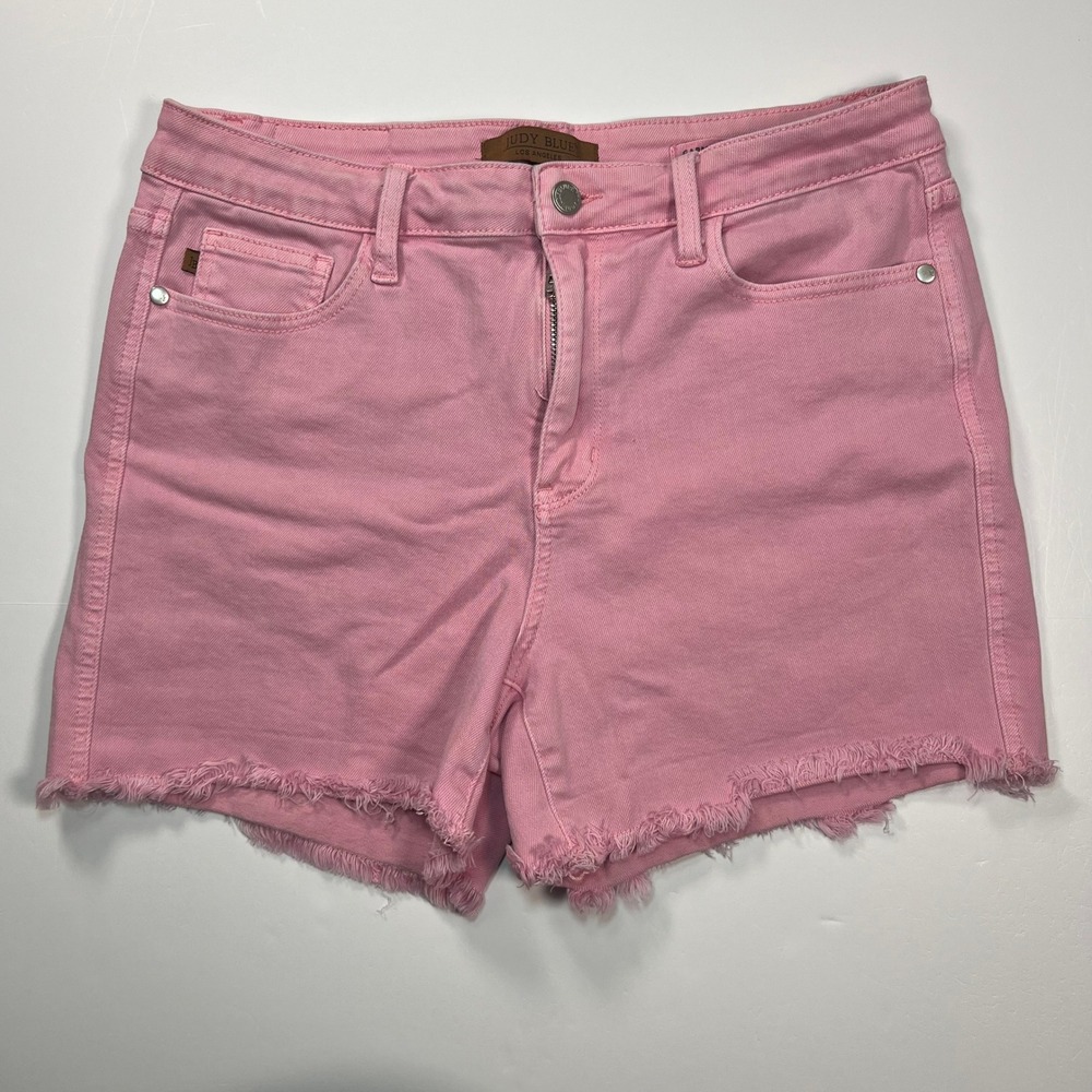 Judy Blue Denim Shorts Womens XL Pink Garment Dyed Raw Hem High Rise JB150225